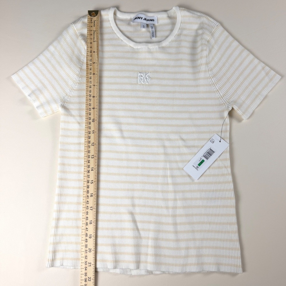 DKNY Jeans Womens LP White Tan Striped Ribbed Knit Short Sleeve Top NWT - Picture 9 of 11